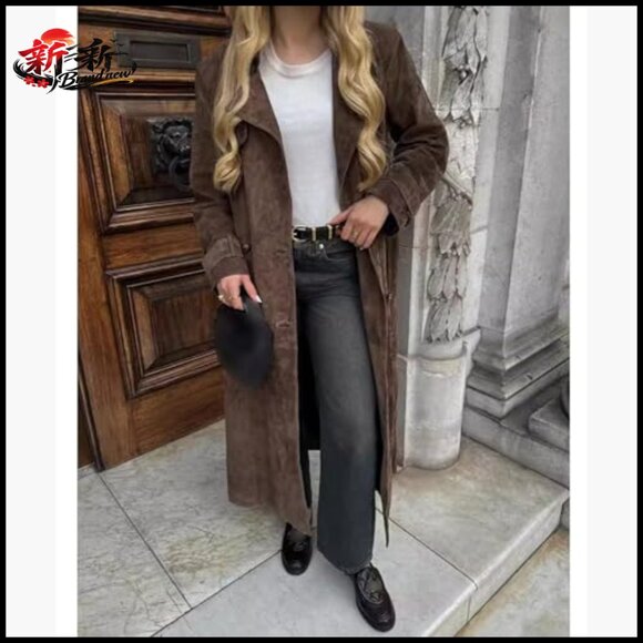 Faux Suede Long Trench Coat Notched Lapel Double Breasted Pea Coat - Picture 4 of 6